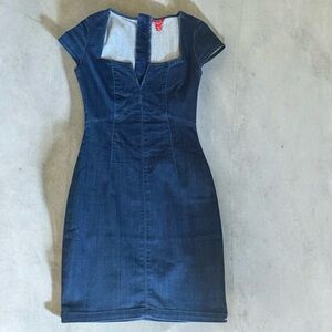 Guess Dark Blue Denim Mini Dress with Notch Neck